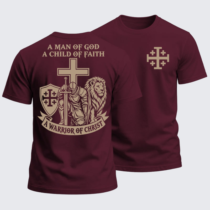 Heavyweight Cotton Tee - A Man of God – Christian Warrior Knight & Lion