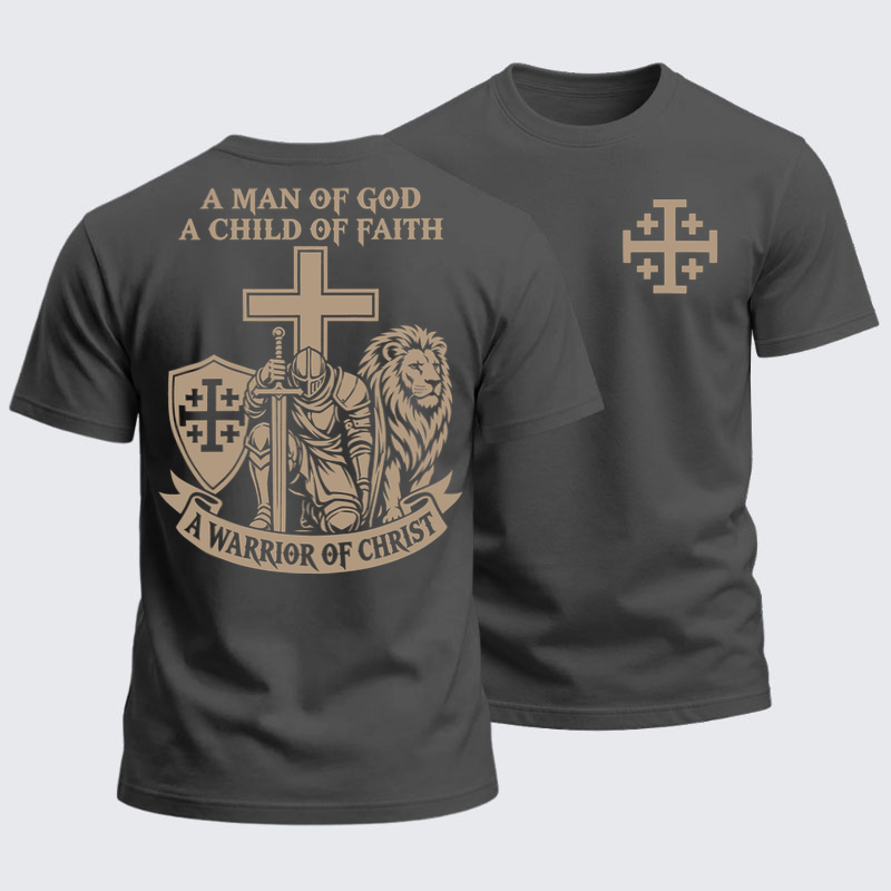 Heavyweight Cotton Tee - A Man of God – Christian Warrior Knight & Lion