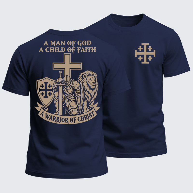 Heavyweight Cotton Tee - A Man of God – Christian Warrior Knight & Lion