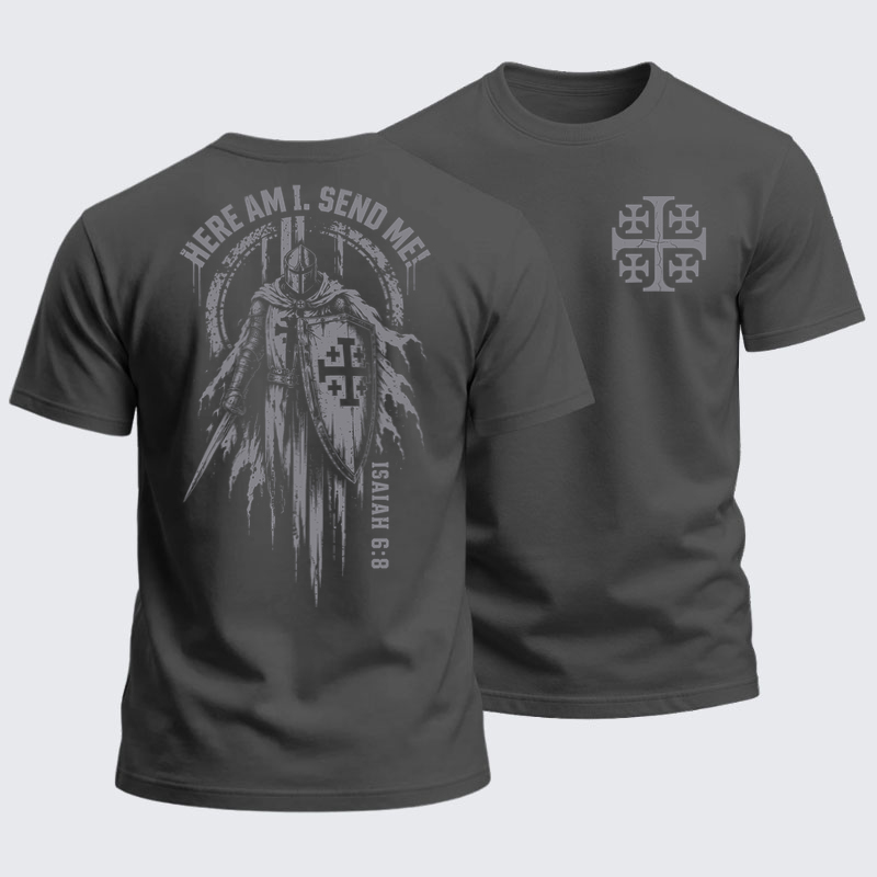 Heavyweight Cotton Tee - Here Am I, Send Me – Isaiah 6:8 Christian Knight