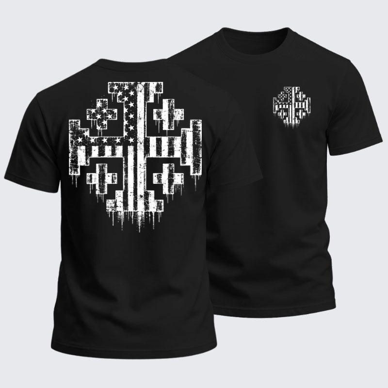 Heavyweight Cotton Tee - American Flag Jerusalem Cross – Christian Patriot