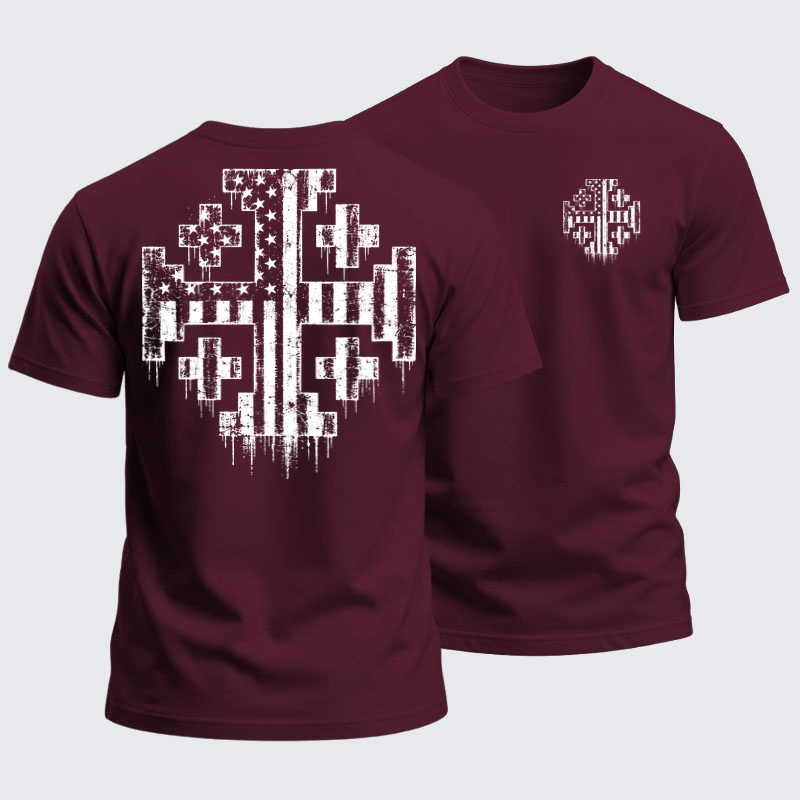 Heavyweight Cotton Tee - American Flag Jerusalem Cross – Christian Patriot