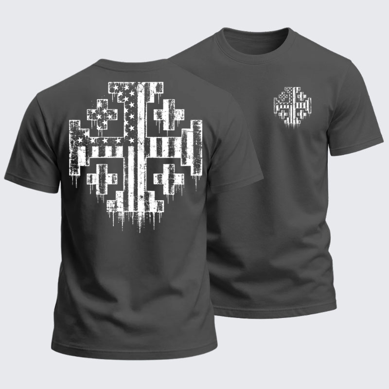 Heavyweight Cotton Tee - American Flag Jerusalem Cross – Christian Patriot