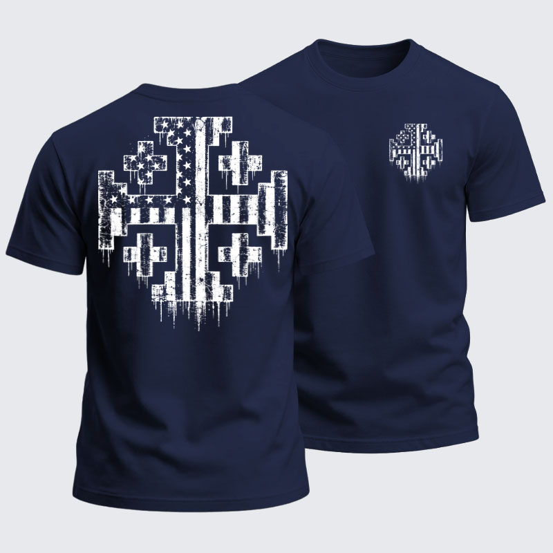 Heavyweight Cotton Tee - American Flag Jerusalem Cross – Christian Patriot