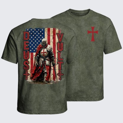 Washed T-Shirt - Deus Vult Knight Templar American Flag Crusader