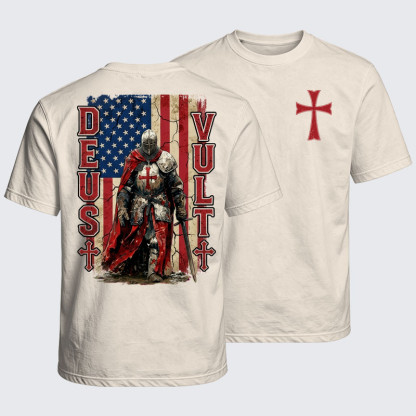 Washed T-Shirt - Deus Vult Knight Templar American Flag Crusader
