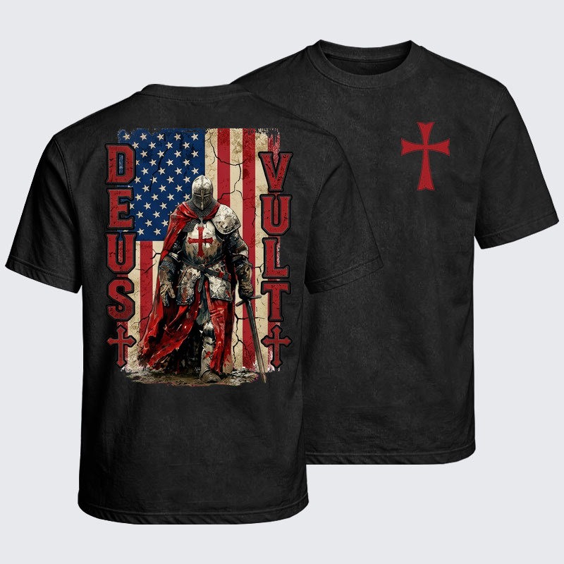 Washed T-Shirt - Deus Vult Knight Templar American Flag Crusader