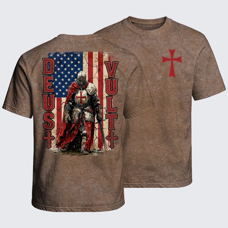 Washed T-Shirt - Deus Vult Knight Templar American Flag Crusader