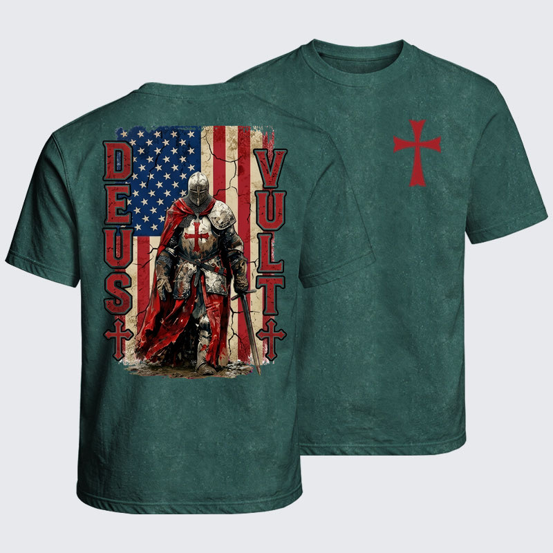Washed T-Shirt - Deus Vult Knight Templar American Flag Crusader