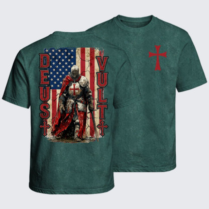 Washed T-Shirt - Deus Vult Knight Templar American Flag Crusader