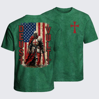 Washed T-Shirt - Deus Vult Knight Templar American Flag Crusader