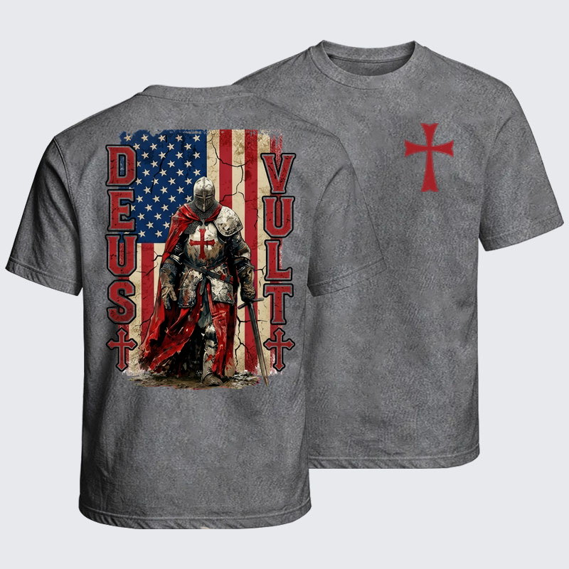 Washed T-Shirt - Deus Vult Knight Templar American Flag Crusader