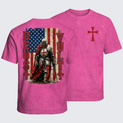 Washed T-Shirt - Deus Vult Knight Templar American Flag Crusader