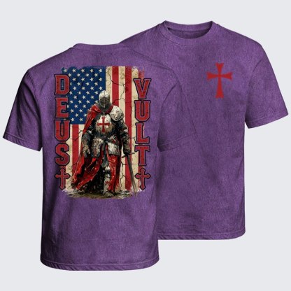 Washed T-Shirt - Deus Vult Knight Templar American Flag Crusader
