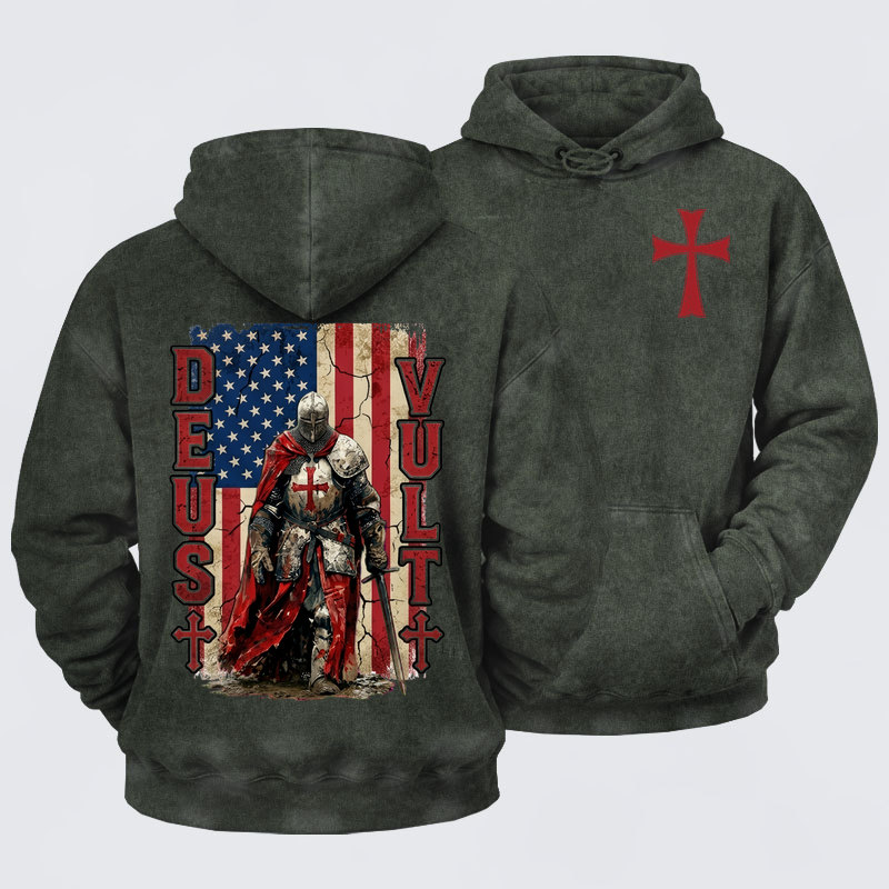 Washed Hoodie -  Deus Vult Knight Templar American Flag Crusader