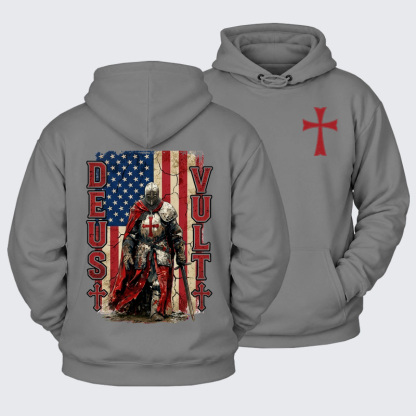 Plush Fleece-Lined Hoodie -  Deus Vult Knight Templar American Flag Crusader