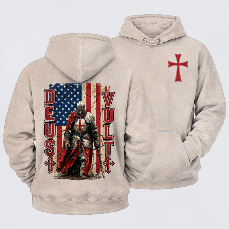 Washed Hoodie -  Deus Vult Knight Templar American Flag Crusader