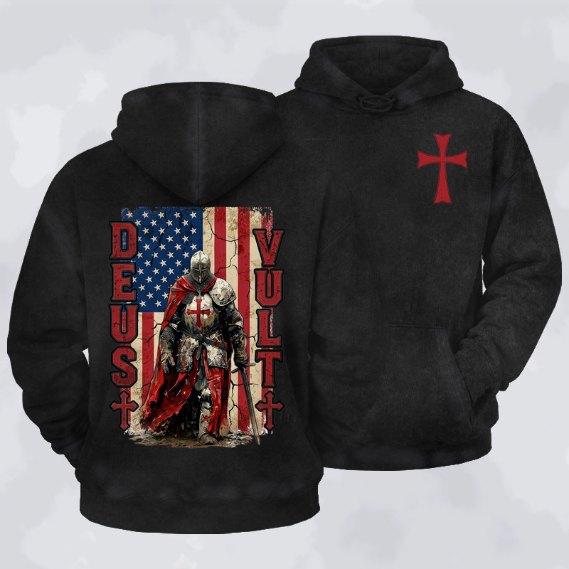 Washed Hoodie -  Deus Vult Knight Templar American Flag Crusader