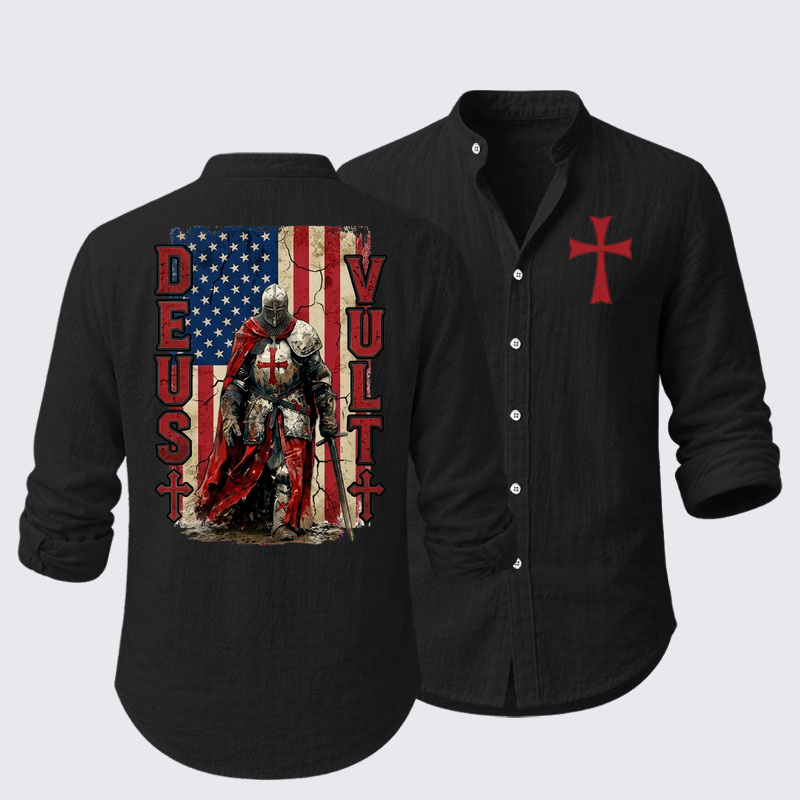 Deus Vult Knight Templar American Flag Crusader Resort Casual Shirt