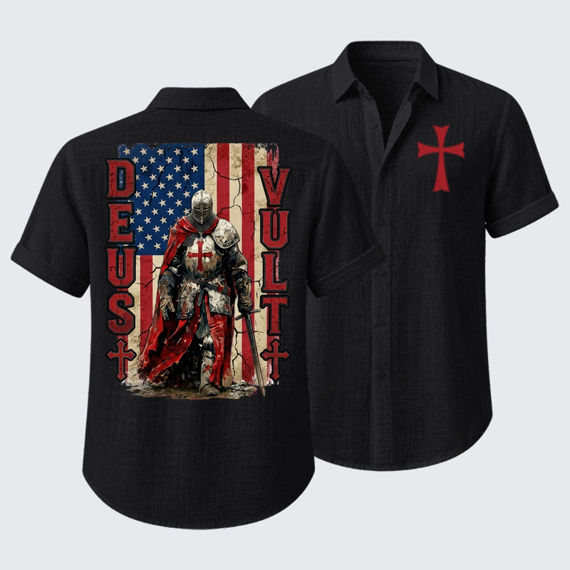 Deus Vult Knight Templar American Flag Crusader Short Sleeve Shirt