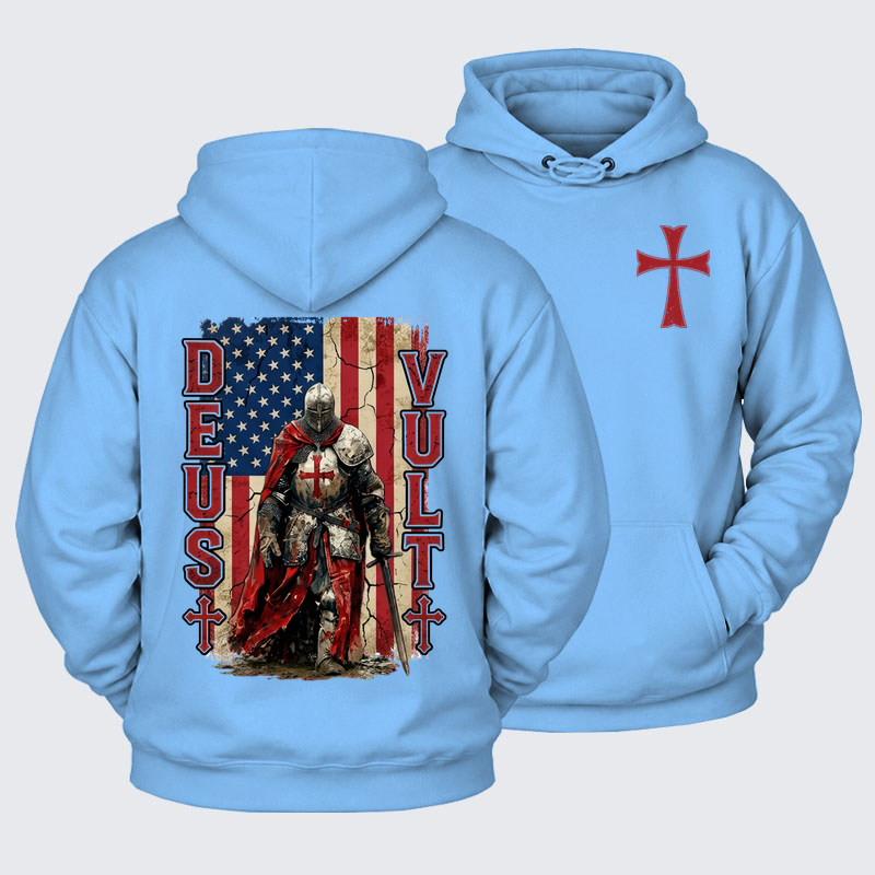 Plush Fleece-Lined Hoodie -  Deus Vult Knight Templar American Flag Crusader
