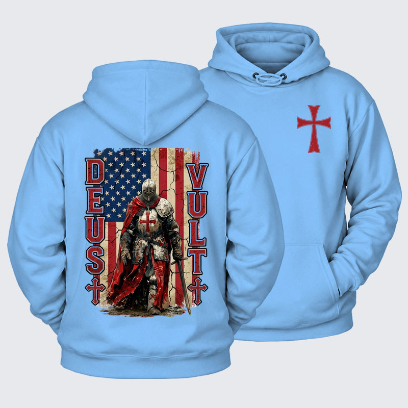 Plush Fleece-Lined Hoodie -  Deus Vult Knight Templar American Flag Crusader
