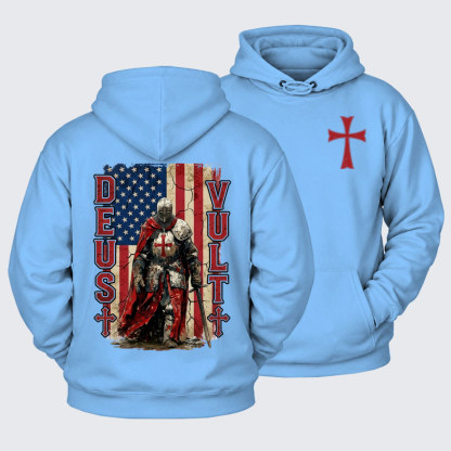 Plush Fleece-Lined Hoodie -  Deus Vult Knight Templar American Flag Crusader