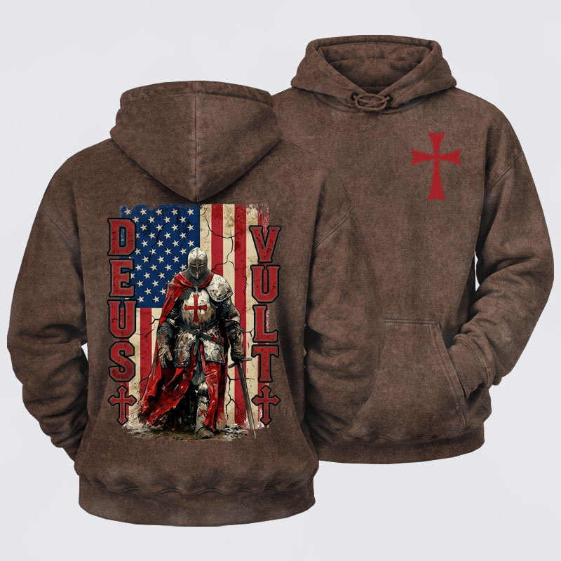 Washed Hoodie -  Deus Vult Knight Templar American Flag Crusader