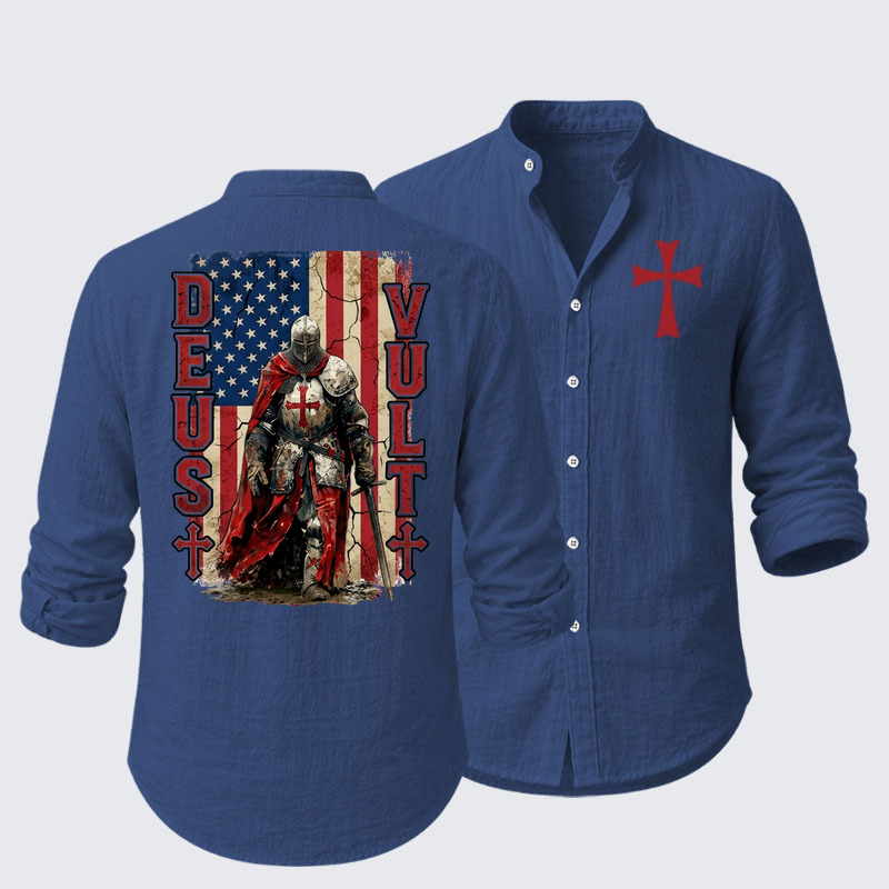Deus Vult Knight Templar American Flag Crusader Resort Casual Shirt