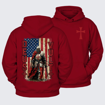 Plush Fleece-Lined Hoodie -  Deus Vult Knight Templar American Flag Crusader