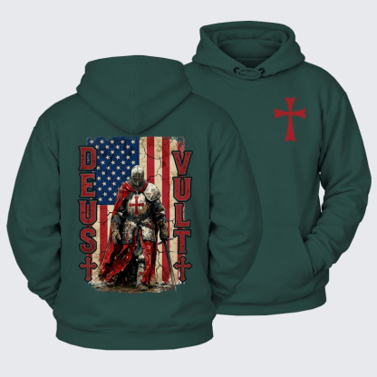 Plush Fleece-Lined Hoodie -  Deus Vult Knight Templar American Flag Crusader