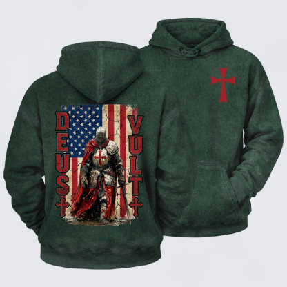 Washed Hoodie -  Deus Vult Knight Templar American Flag Crusader