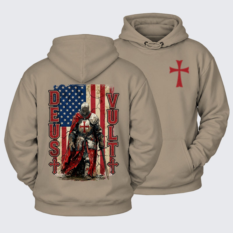 Plush Fleece-Lined Hoodie -  Deus Vult Knight Templar American Flag Crusader