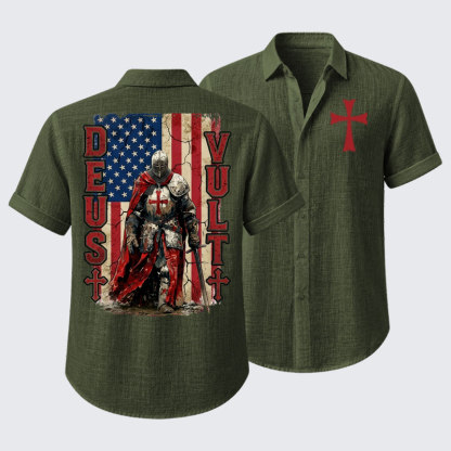 Deus Vult Knight Templar American Flag Crusader Short Sleeve Shirt
