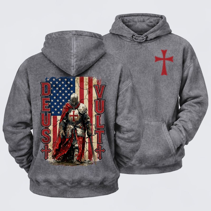 Washed Hoodie -  Deus Vult Knight Templar American Flag Crusader