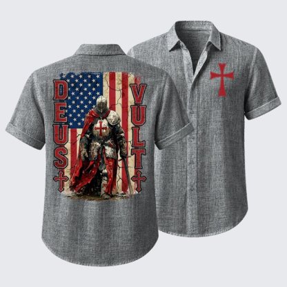 Deus Vult Knight Templar American Flag Crusader Short Sleeve Shirt