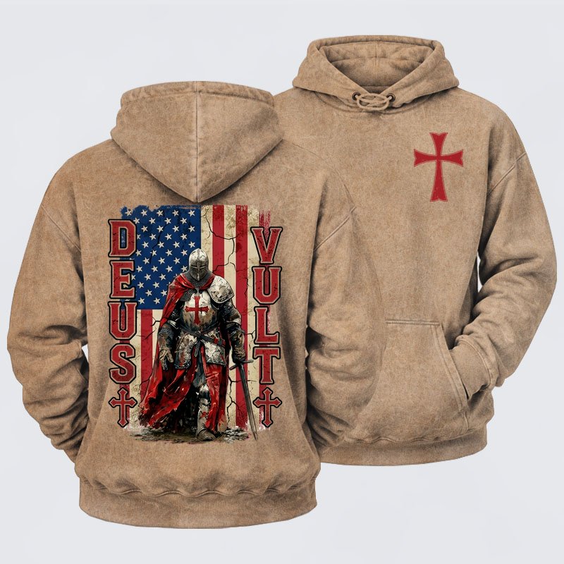 Washed Hoodie -  Deus Vult Knight Templar American Flag Crusader