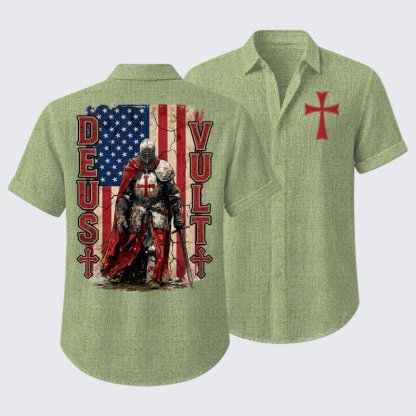 Deus Vult Knight Templar American Flag Crusader Short Sleeve Shirt