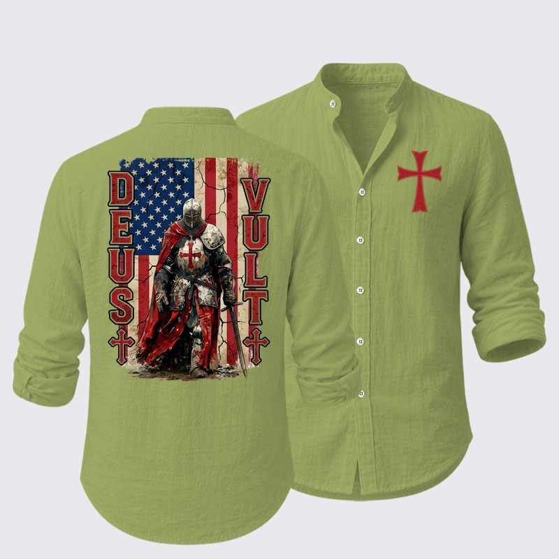 Deus Vult Knight Templar American Flag Crusader Resort Casual Shirt