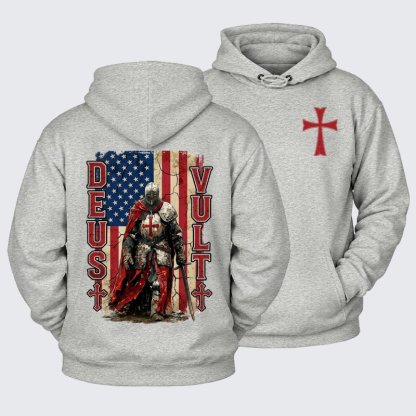 Plush Fleece-Lined Hoodie -  Deus Vult Knight Templar American Flag Crusader