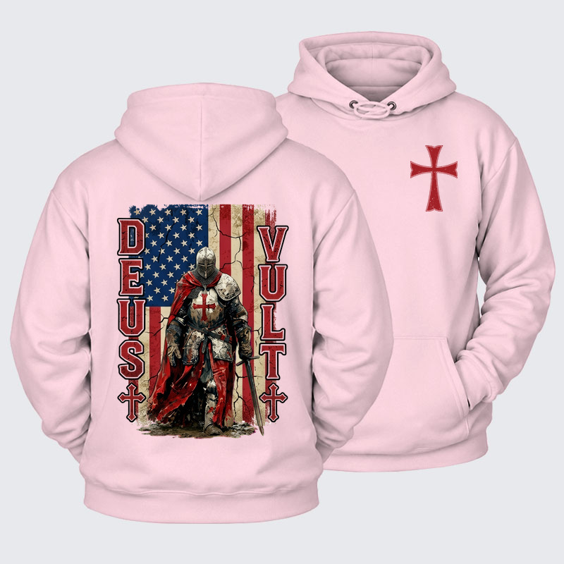 Plush Fleece-Lined Hoodie -  Deus Vult Knight Templar American Flag Crusader