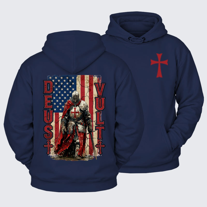 Plush Fleece-Lined Hoodie -  Deus Vult Knight Templar American Flag Crusader