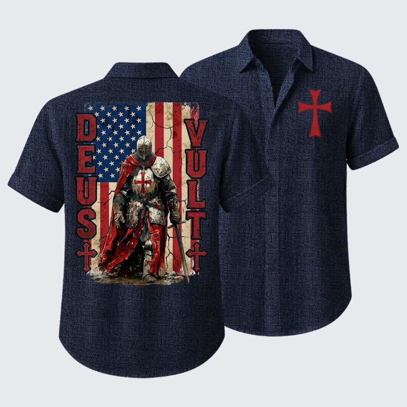 Deus Vult Knight Templar American Flag Crusader Short Sleeve Shirt