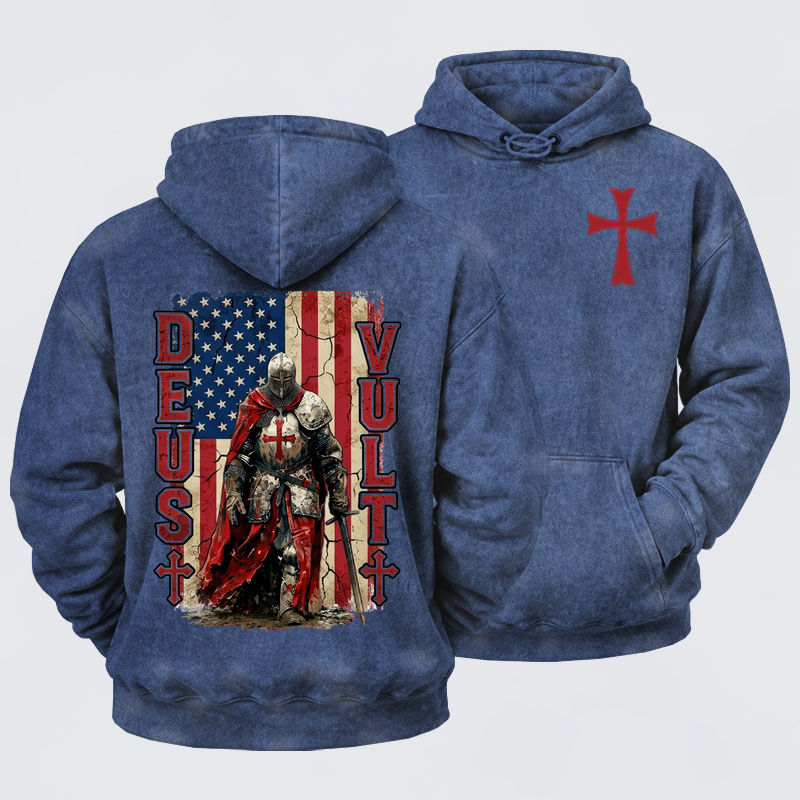 Washed Hoodie -  Deus Vult Knight Templar American Flag Crusader