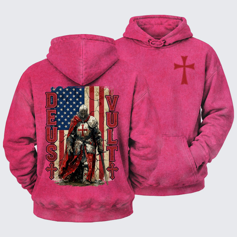 Washed Hoodie -  Deus Vult Knight Templar American Flag Crusader