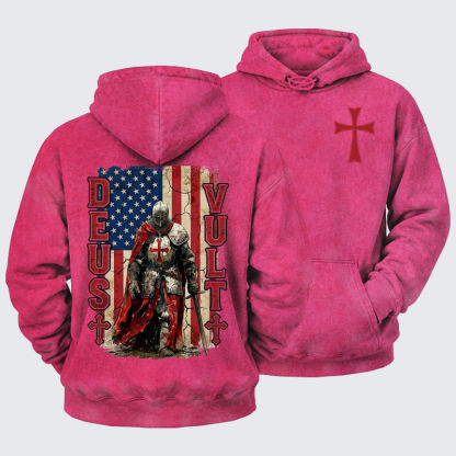 Washed Hoodie -  Deus Vult Knight Templar American Flag Crusader