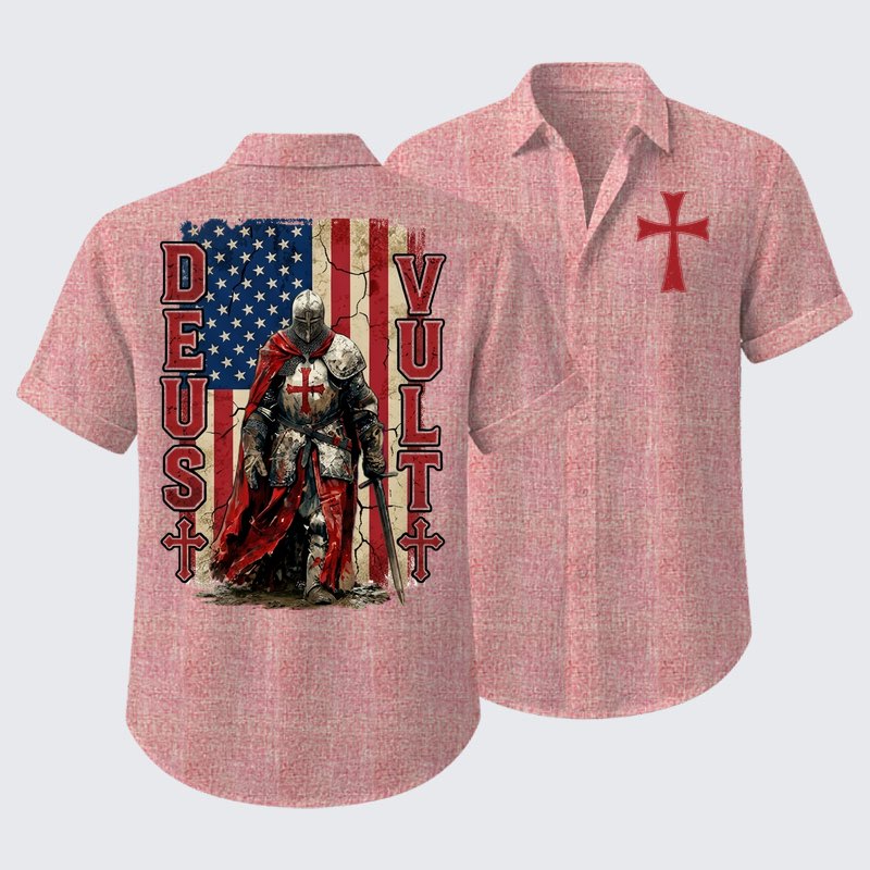 Deus Vult Knight Templar American Flag Crusader Short Sleeve Shirt