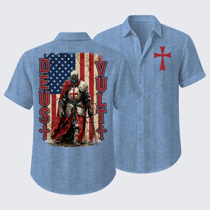 Deus Vult Knight Templar American Flag Crusader Short Sleeve Shirt