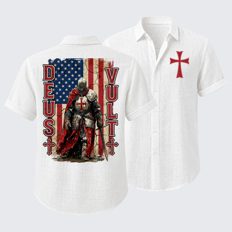 Deus Vult Knight Templar American Flag Crusader Short Sleeve Shirt