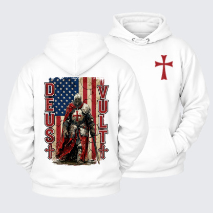 Plush Fleece-Lined Hoodie -  Deus Vult Knight Templar American Flag Crusader